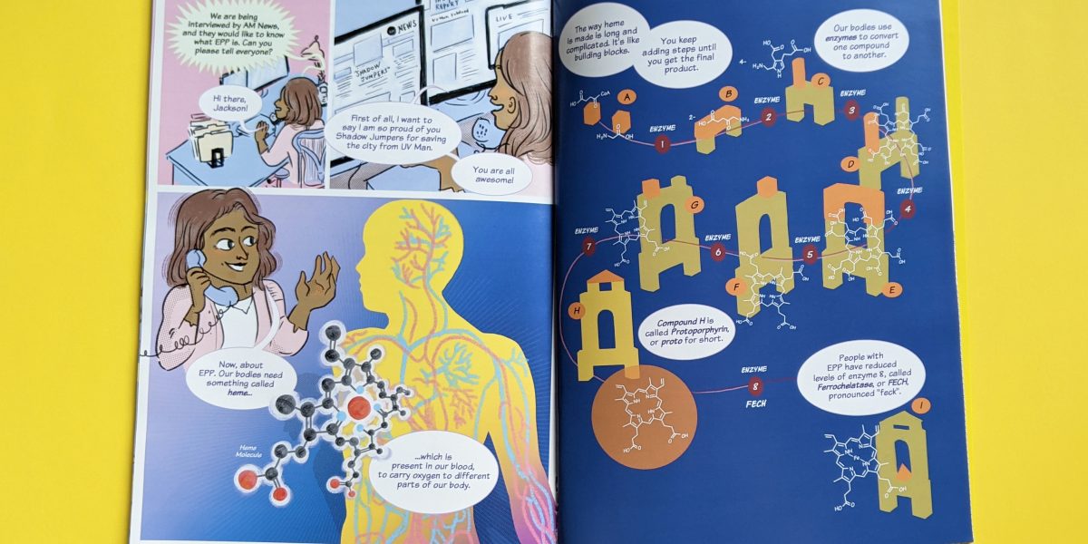 open spread of Shadow Jumpers comic showing Jackson's doctor explaining why EPP makes people sensitive to sunlight